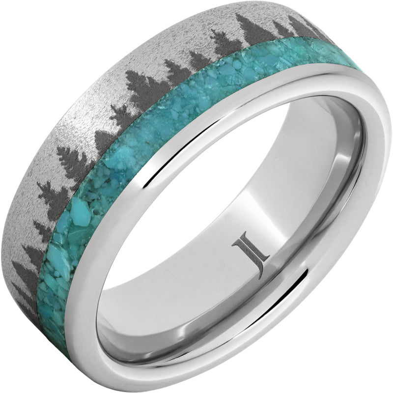 Serinium® Ring with Turquoise Inlay, Pine Forest Engraving and Stone Finish