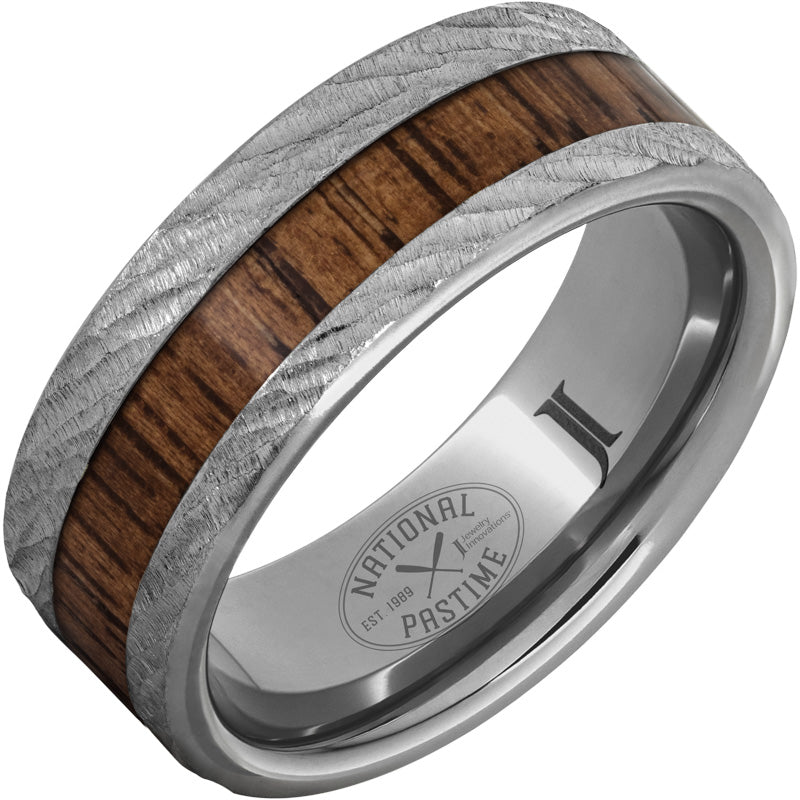 National Pastime Collection™ Rugged Tungsten™ Ring with Hickory Vintage Baseball Bat Wood Inlay and Bark Finish