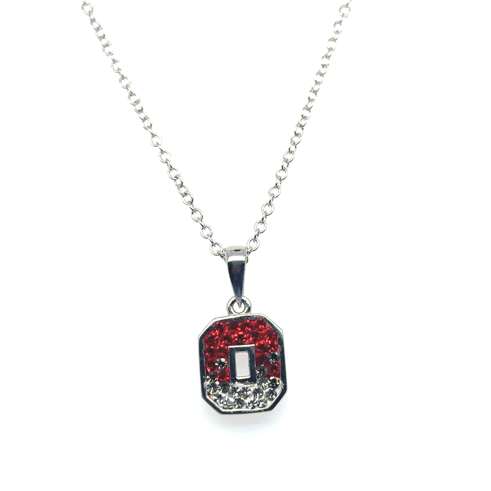 Silver Geometric Pendant Necklace with Red & Clear Crystals