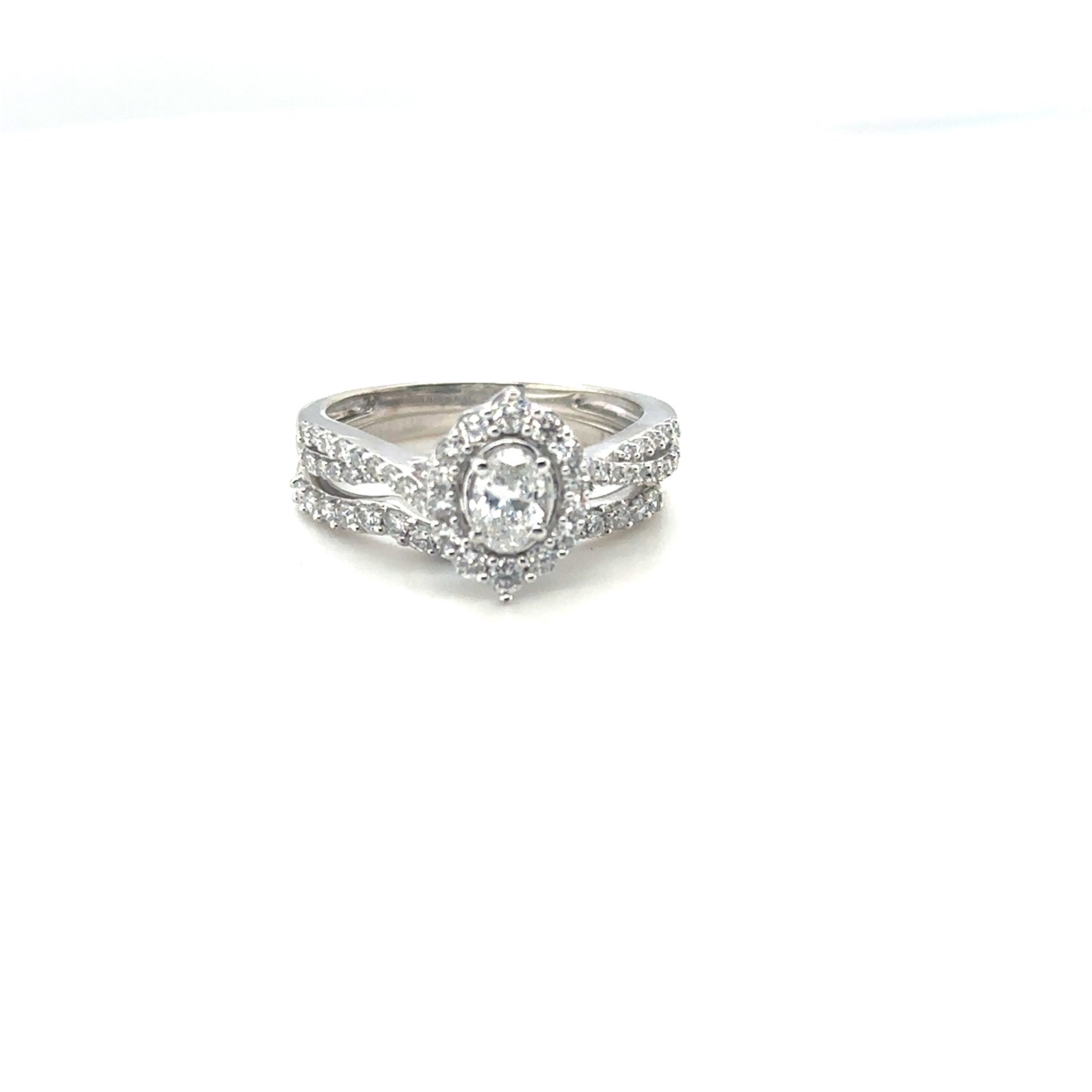 SS OVAL LAB GROWN DIAMOND WEDDING SET W/ HALO AND MATCHING BAND