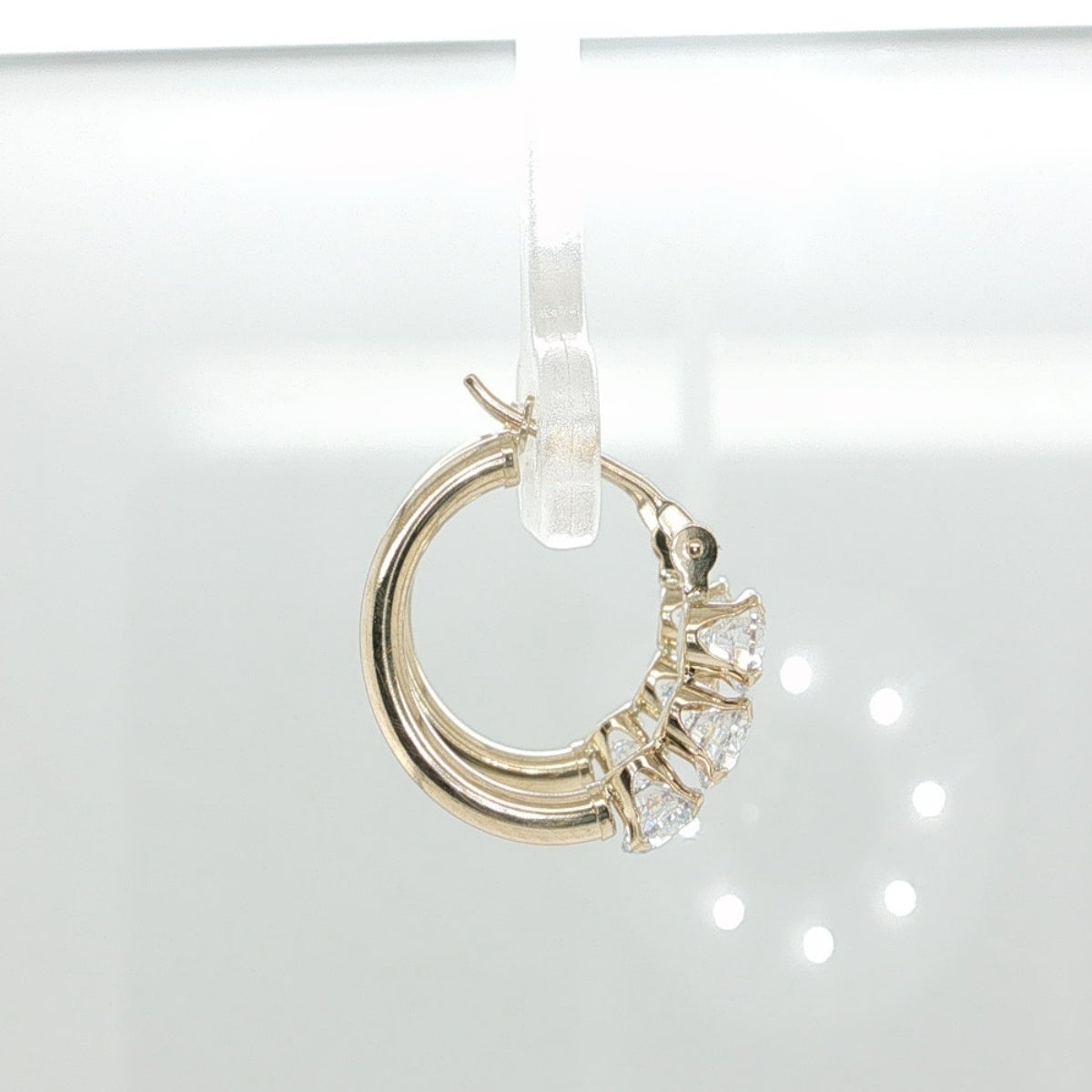 14KT YG Hollow 3 CZ Hoop Earrings