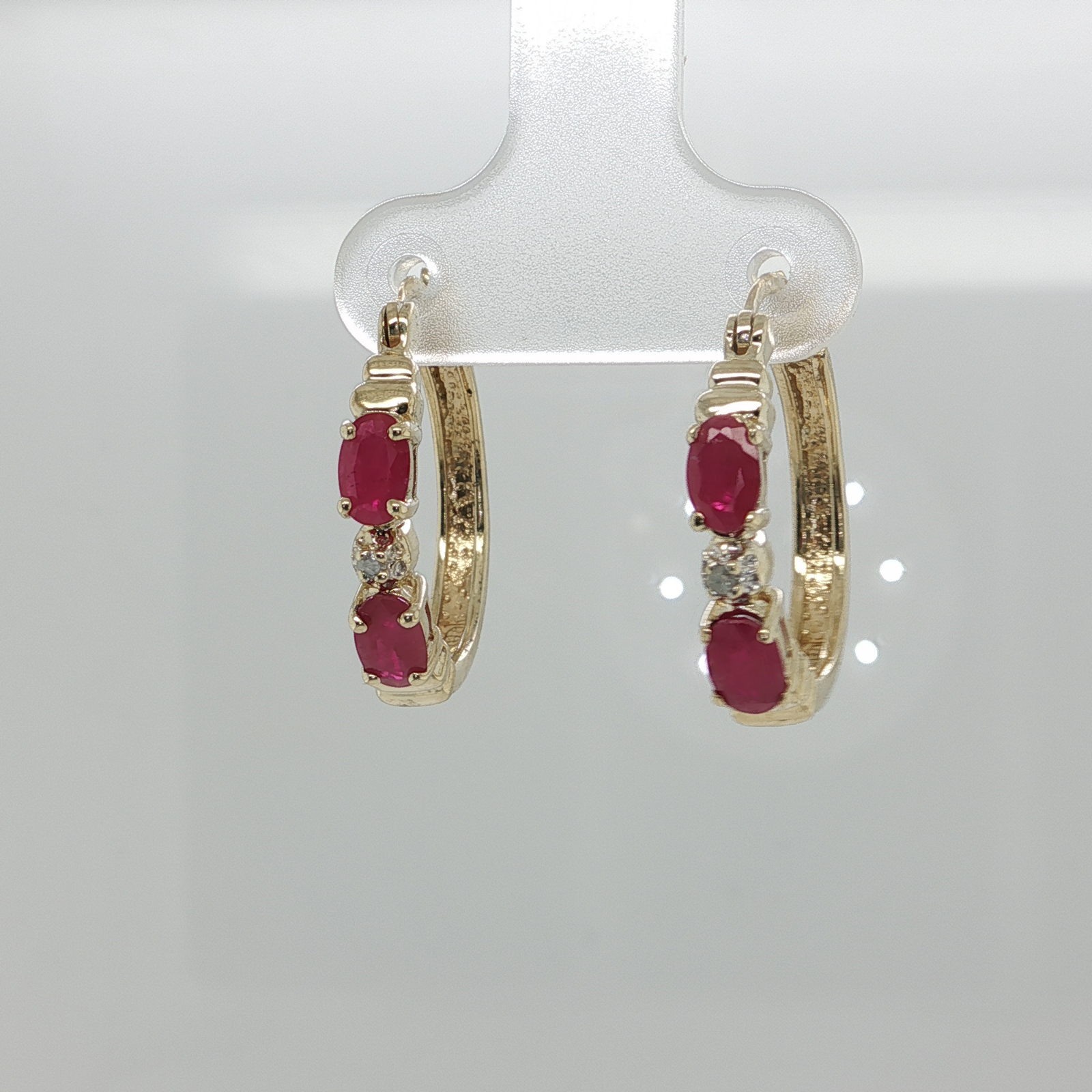 10k Yellow Gold Ruby + Diamond Hoop Earrings