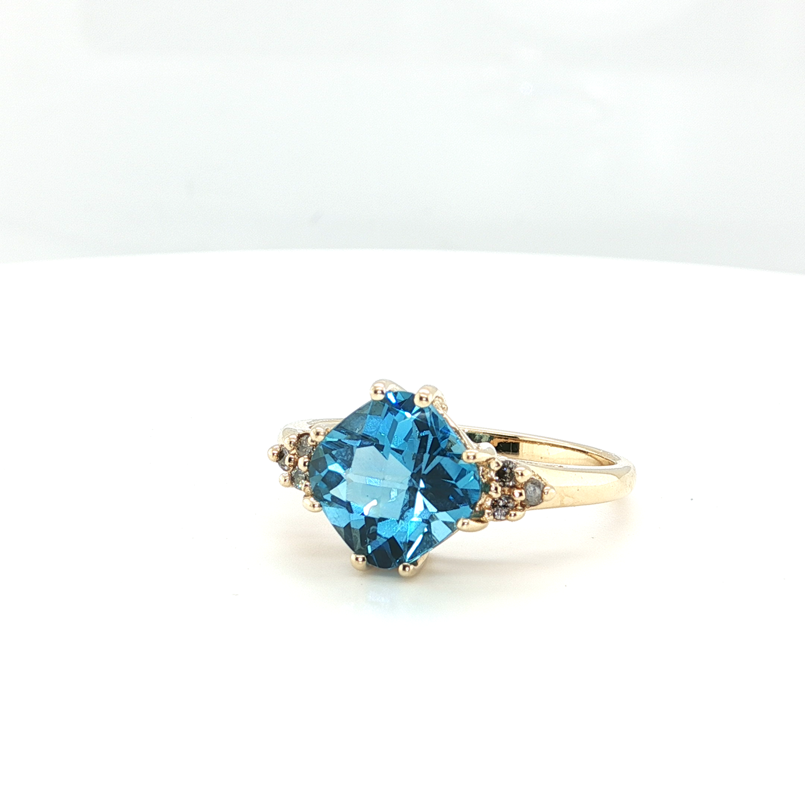 14K Yellow Gold Checkerboard Blue Topaz Ring