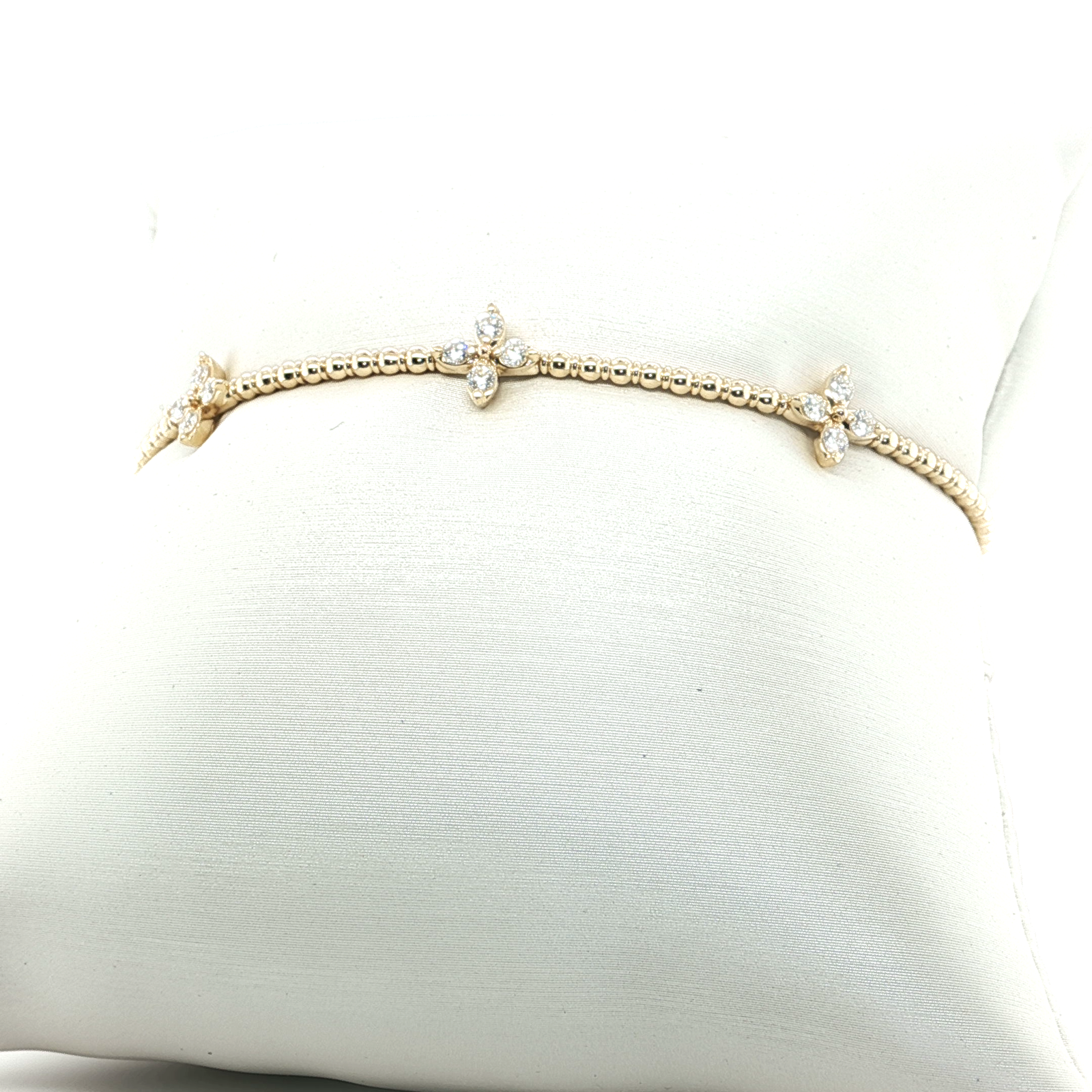 Yellow Gold Beaded Bracelet with Diamond Quatrefoil Clover Design Motif