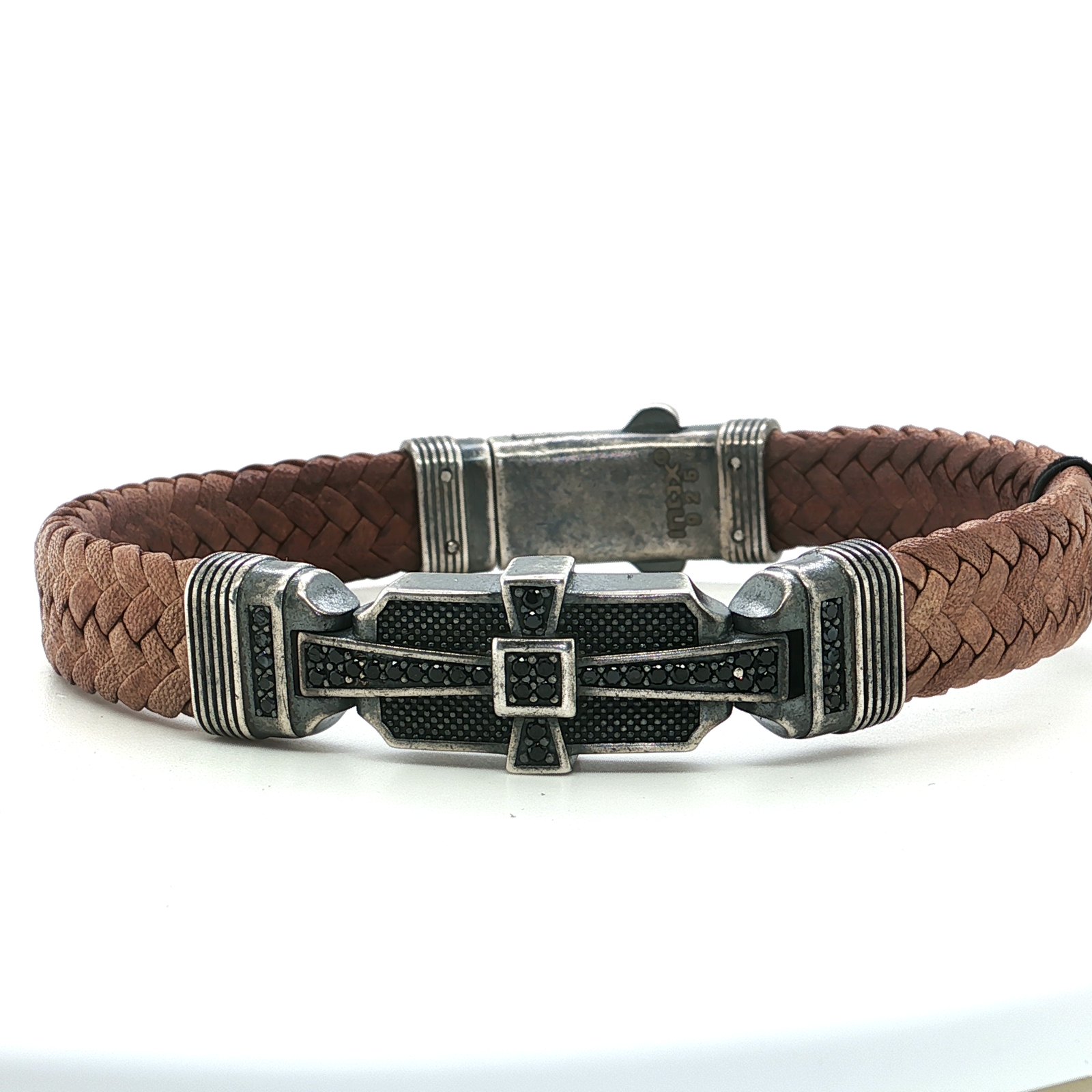 Brown Leather Bracelet with Fancy Black CZ Cross