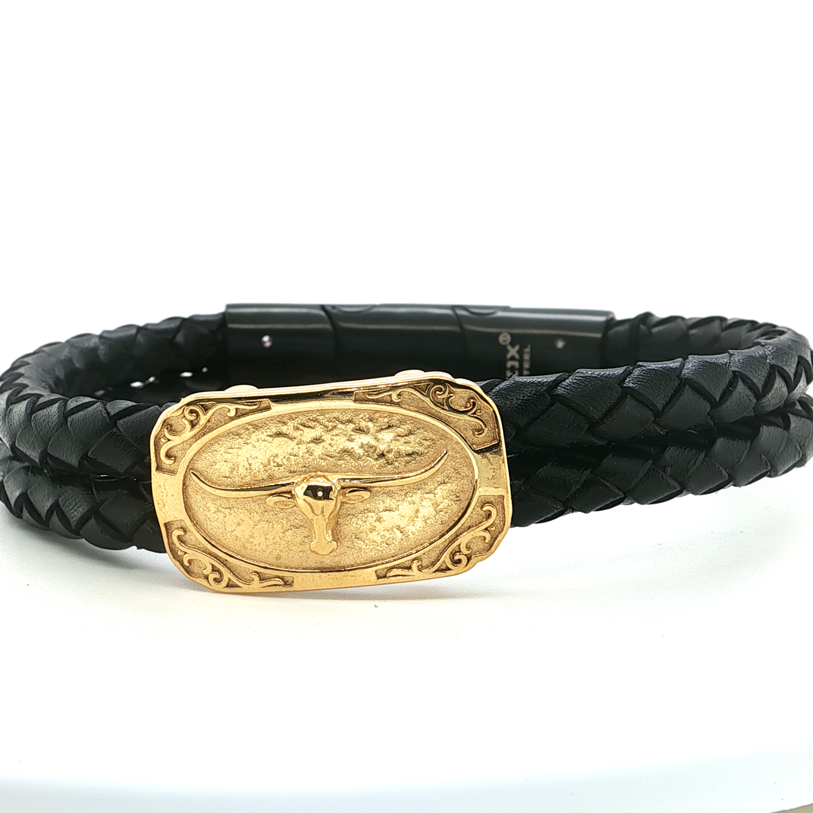 Braided Black Leather Bracelet with Longhorn