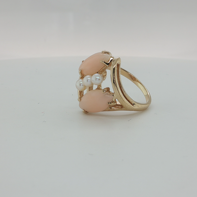 14K Yellow Gold Marquise Cabochon Pink Stone Ring w/ Pearls