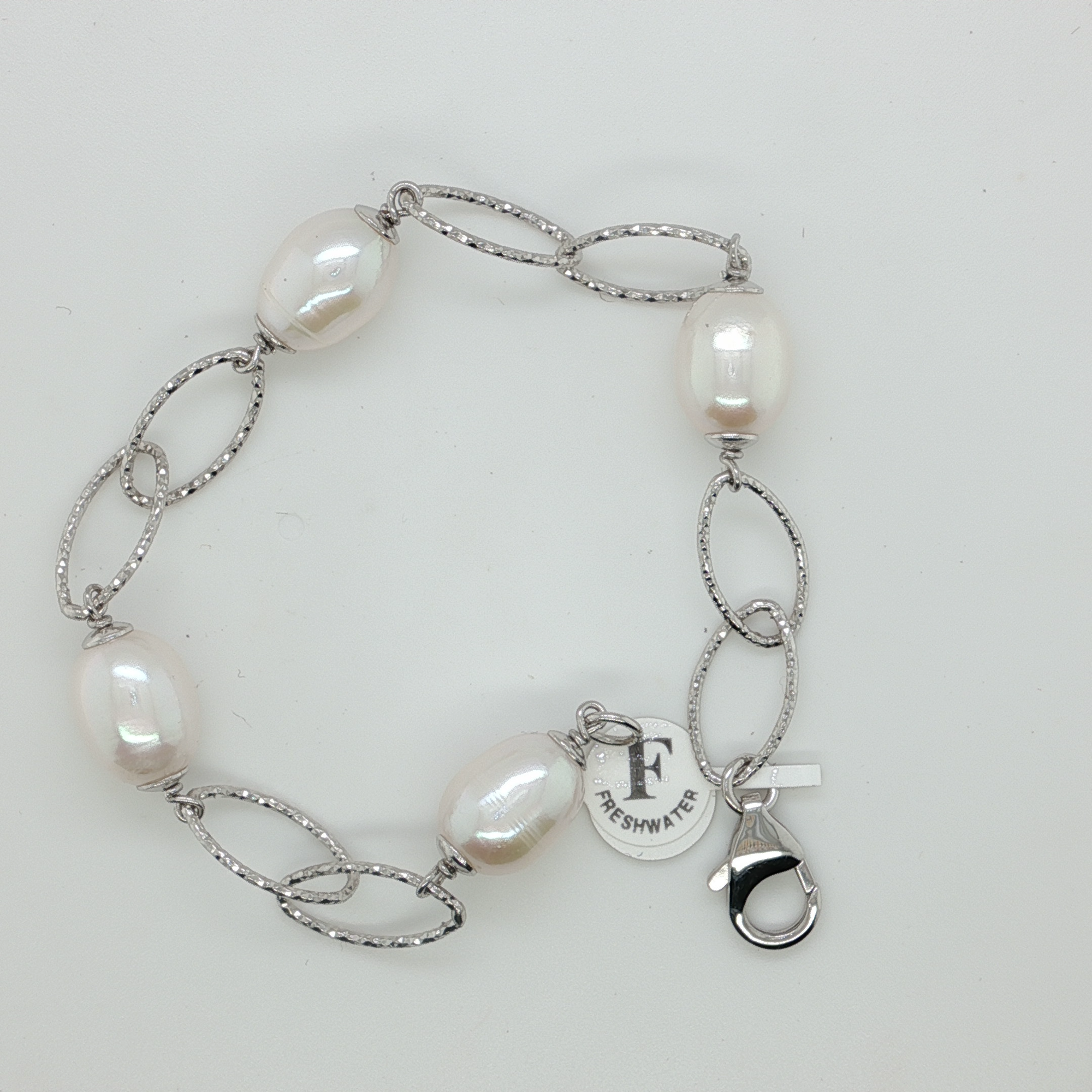 Sterling Silver Chain Bracelet with Oval Pearls