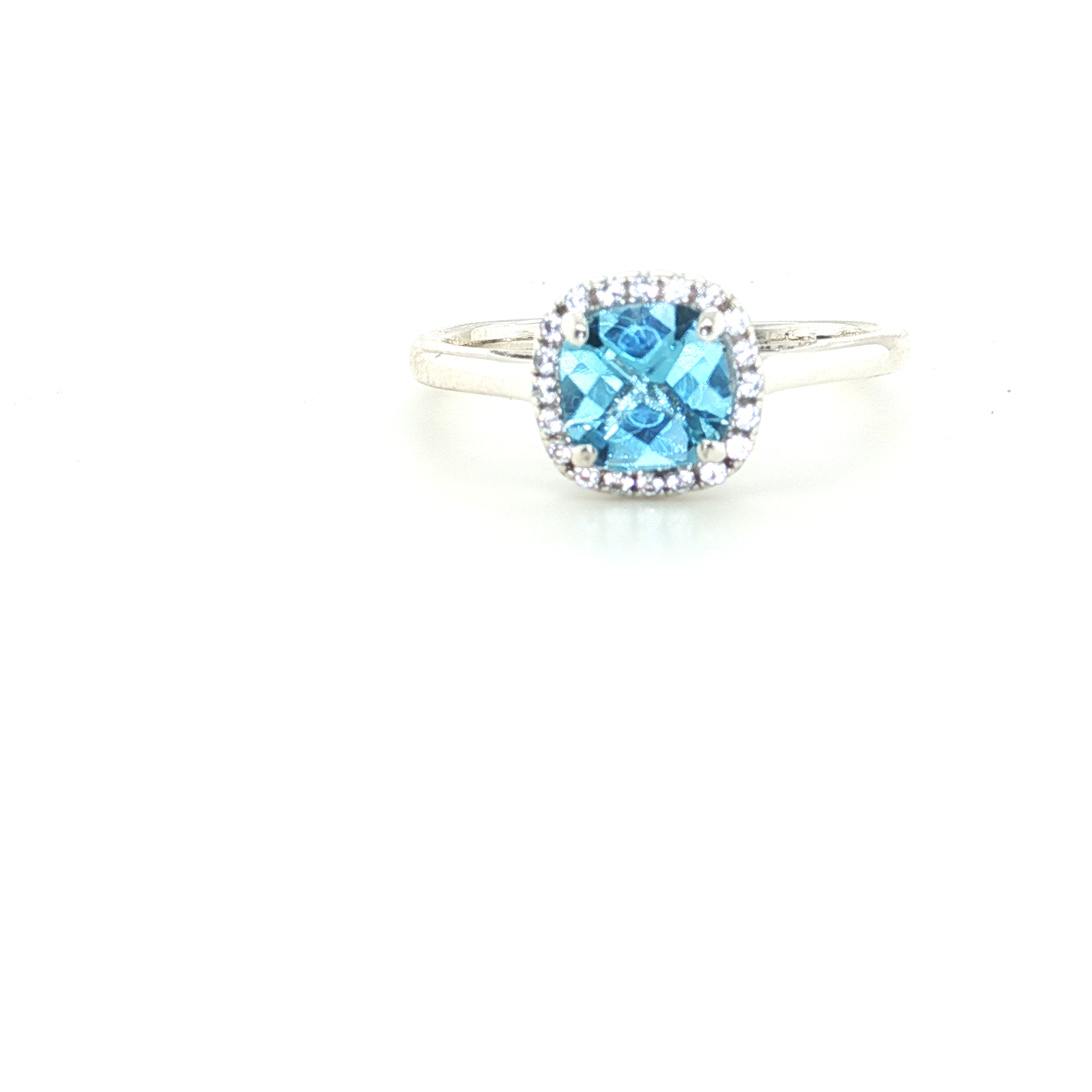 Sterling Silver Ring with Cushion Blue Topaz and White Topaz Halo