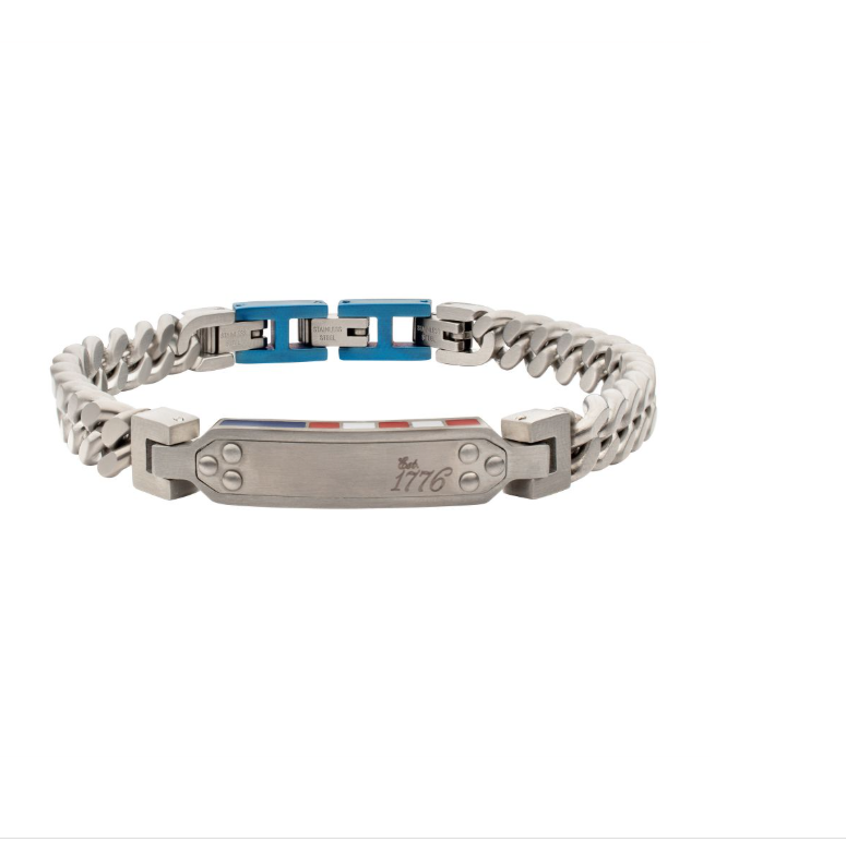 EST. 1776: 8mm Matte Stainless Steel Curb Chain Bracelet with "EST 1776", Engravable ID Plate & Hidden Flag Detail