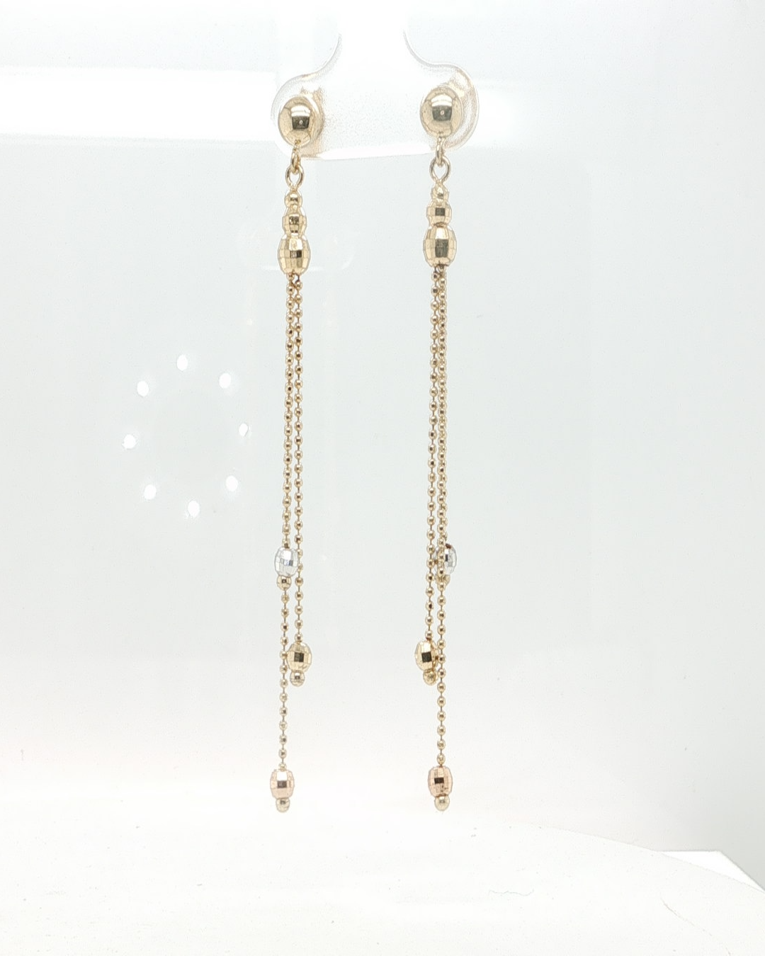 10K Yellow Gold 3 Dangling Strand Post Earrings With Diamond Cut Bead Details