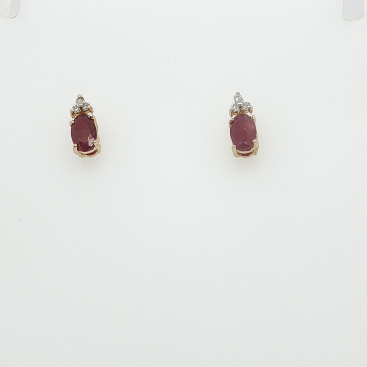 10K Yellow Gold Oval Ruby & Three Diamond Cluster Stud Earrings