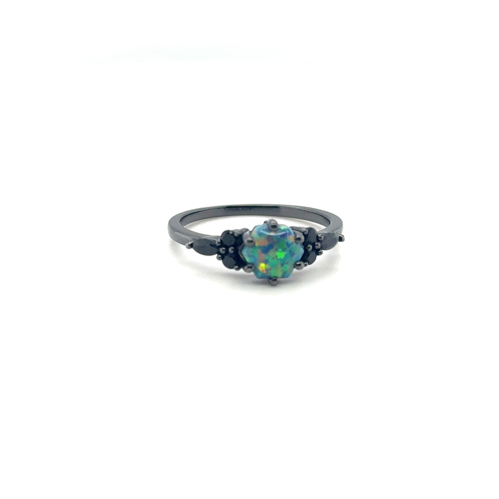 SS OPAL RING W/ BLACK RHODIUM AND BLACK SIDE STONES