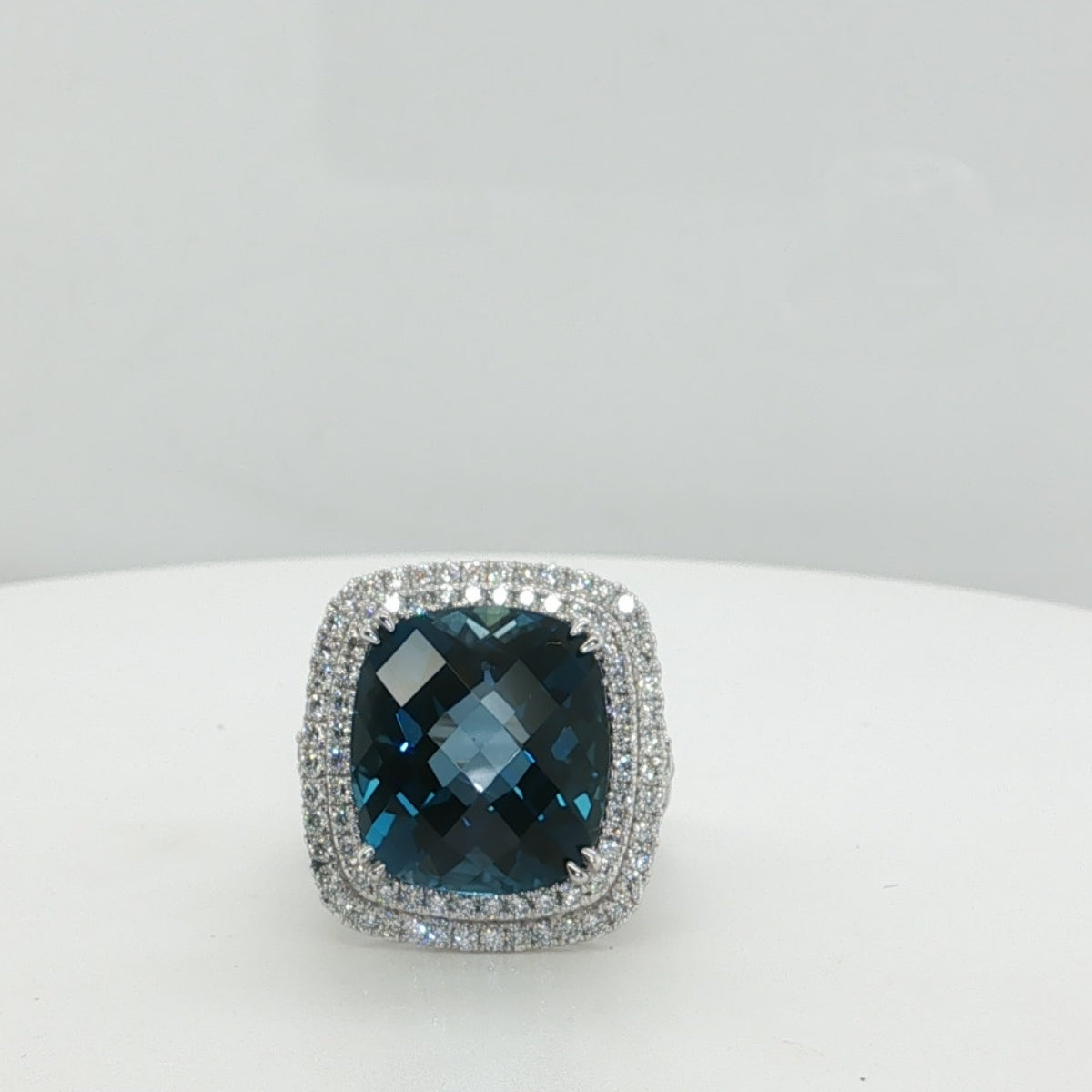 14KT White Gold Double Diamond Halo Blue Topaz Cocktail Ring Finger Size 7