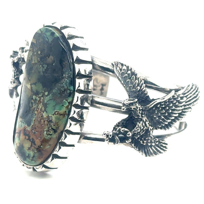 Signed Silver Running Bear Turquoise Cuff Bracelet