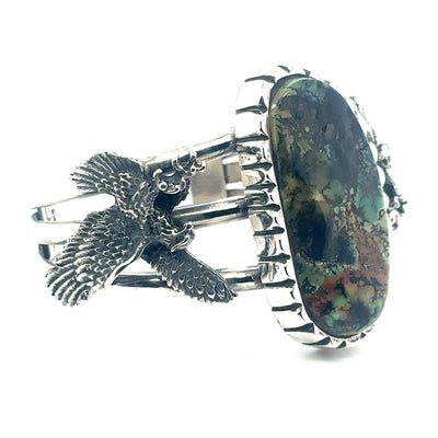 Signed Silver Running Bear Turquoise Cuff Bracelet