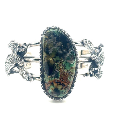 Signed Silver Running Bear Turquoise Cuff Bracelet