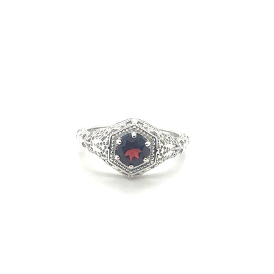 Hexagon Filigree Head Silver Ring with Round Garnet