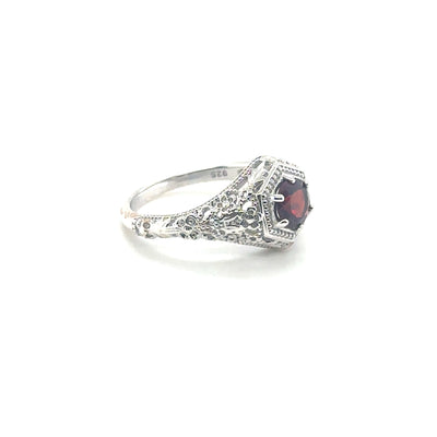 Hexagon Filigree Head Silver Ring with Round Garnet