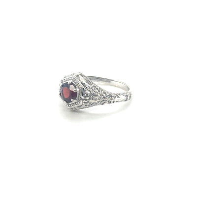 Hexagon Filigree Head Silver Ring with Round Garnet