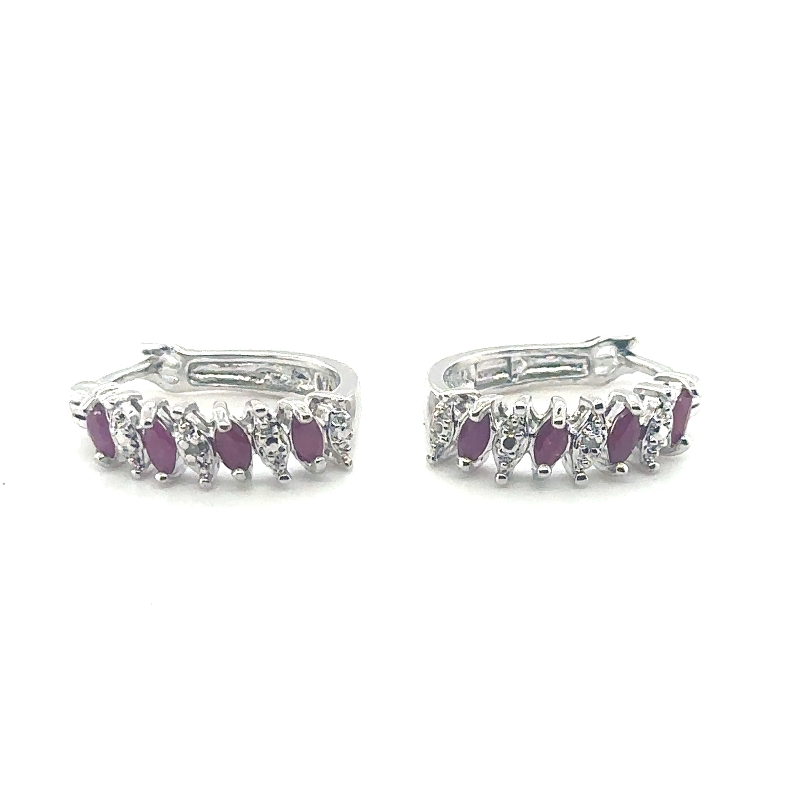 Sterling Silver Hoop Earrings with Marquise Ruby Accents