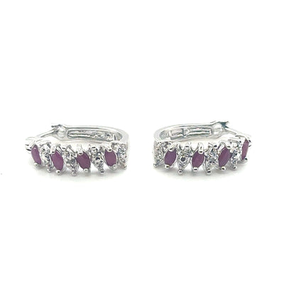 Sterling Silver Hoop Earrings with Marquise Ruby Accents