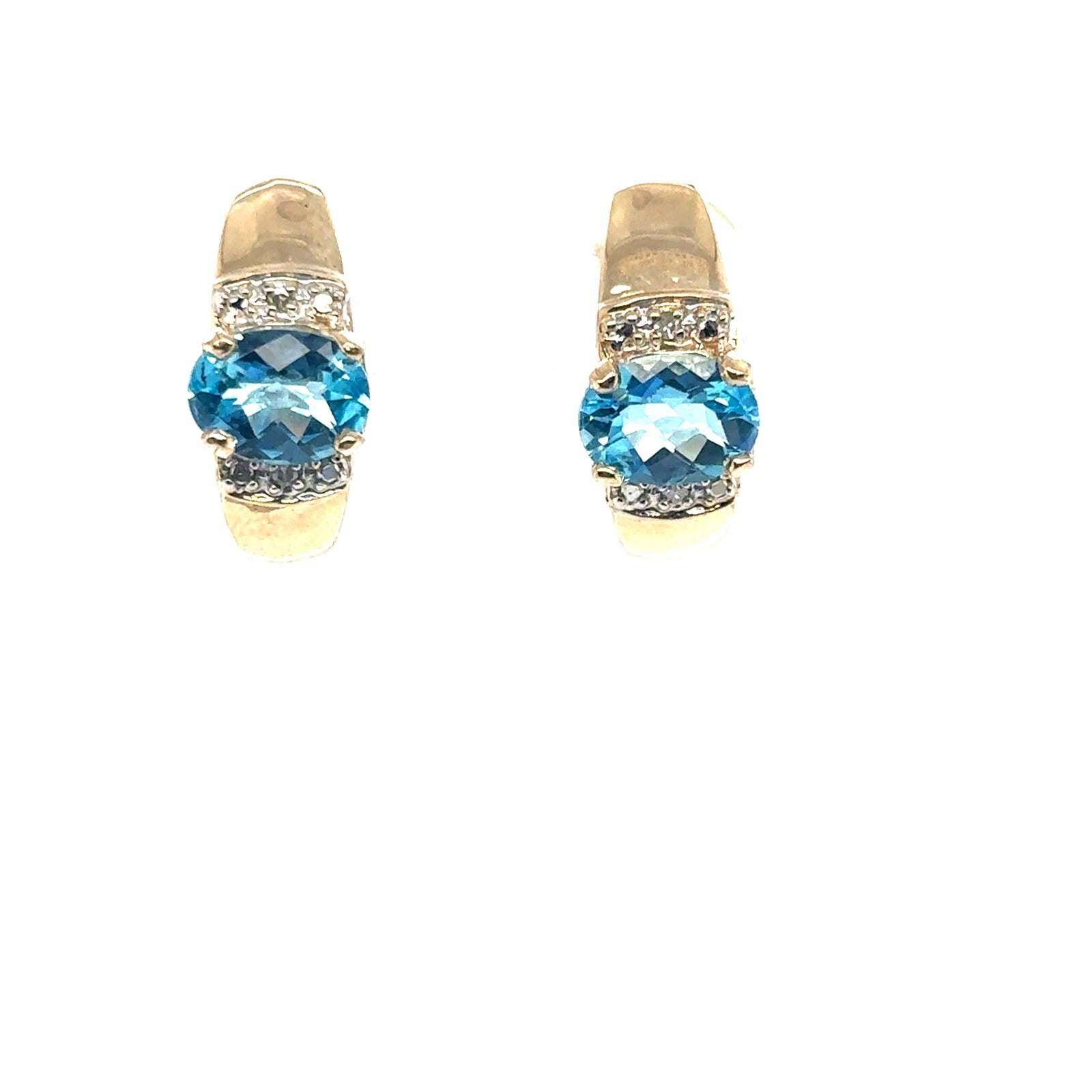 10K Yellow Gold Half Hoop Blue Topaz & Diamond Earrings