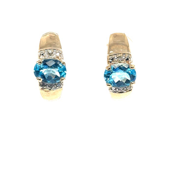 10K Yellow Gold Half Hoop Blue Topaz & Diamond Earrings