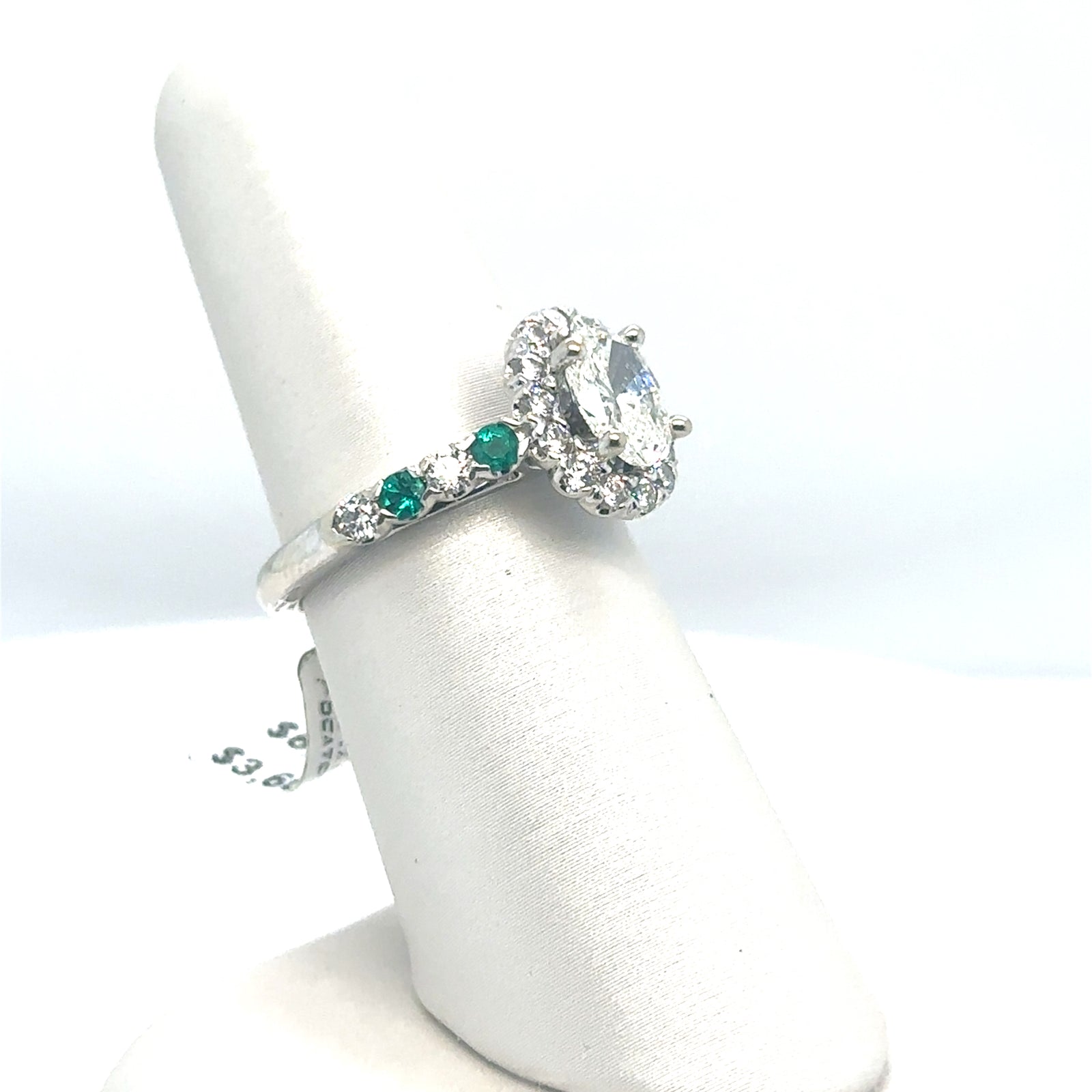 14K White Gold Halo Diamond Engagement Ring with Chatham Created Emeralds