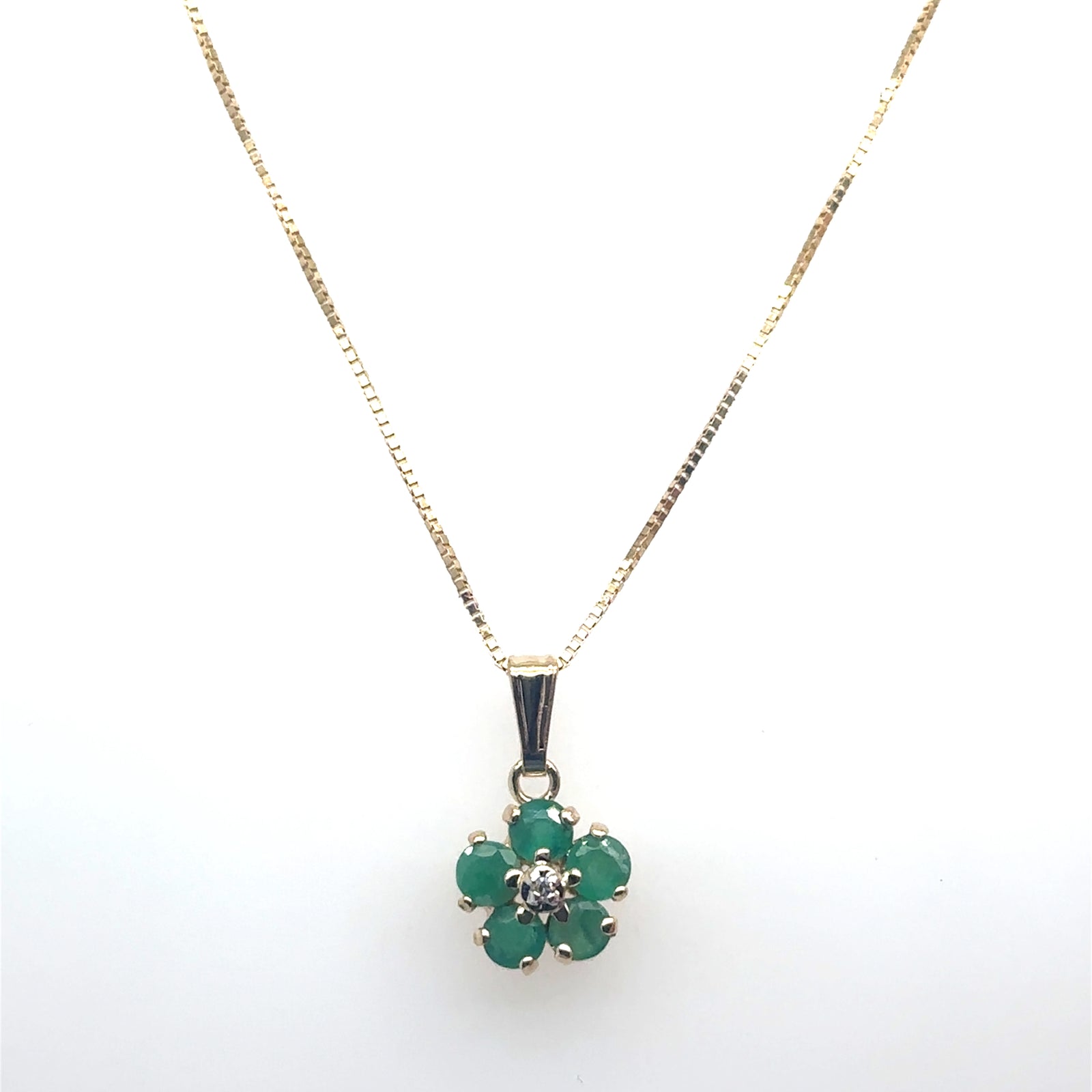 14k Yellow Gold Emerald Flower Necklace with Diamond Accents