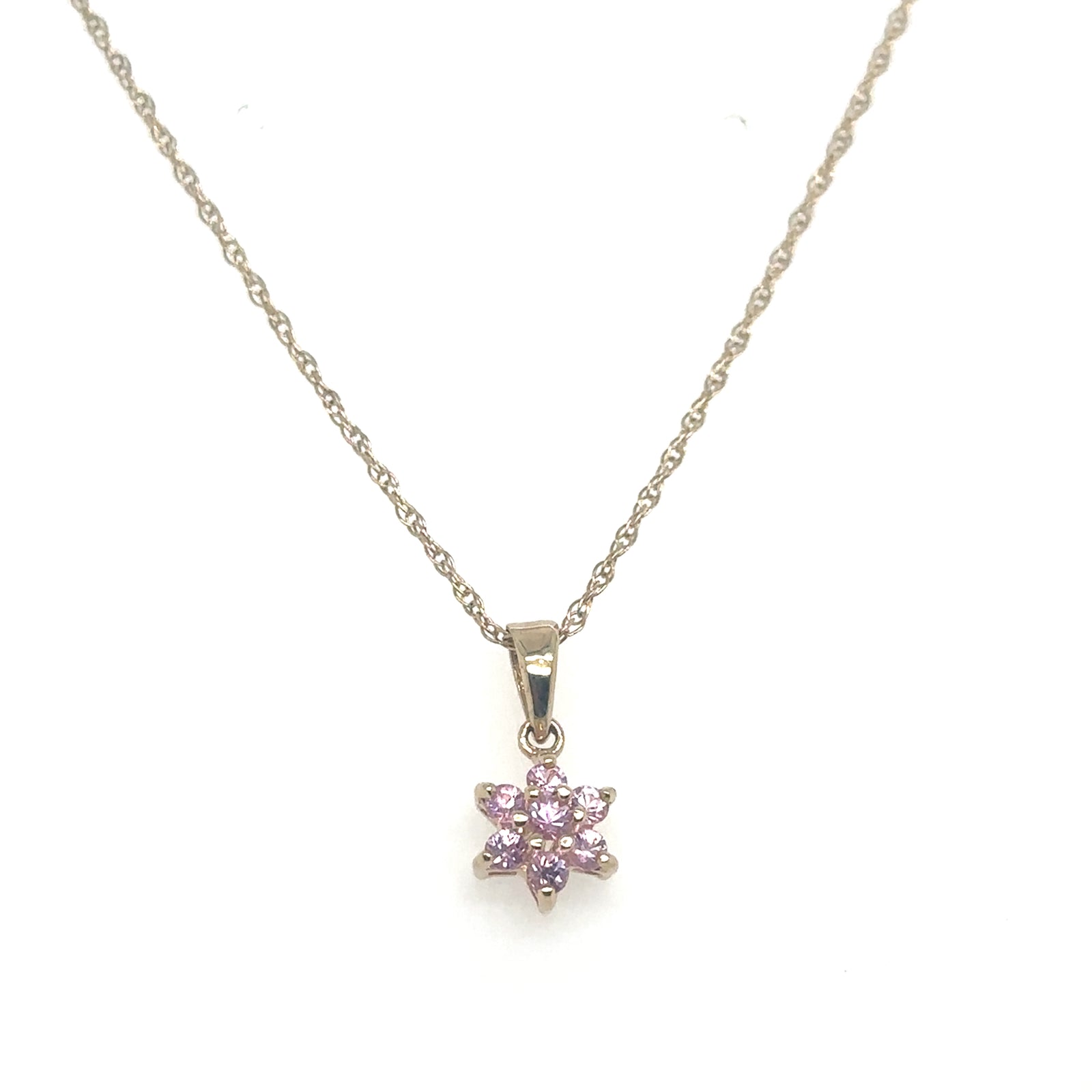 14k Yellow Gold Pink Topaz Flower Necklace with Diamond Accents