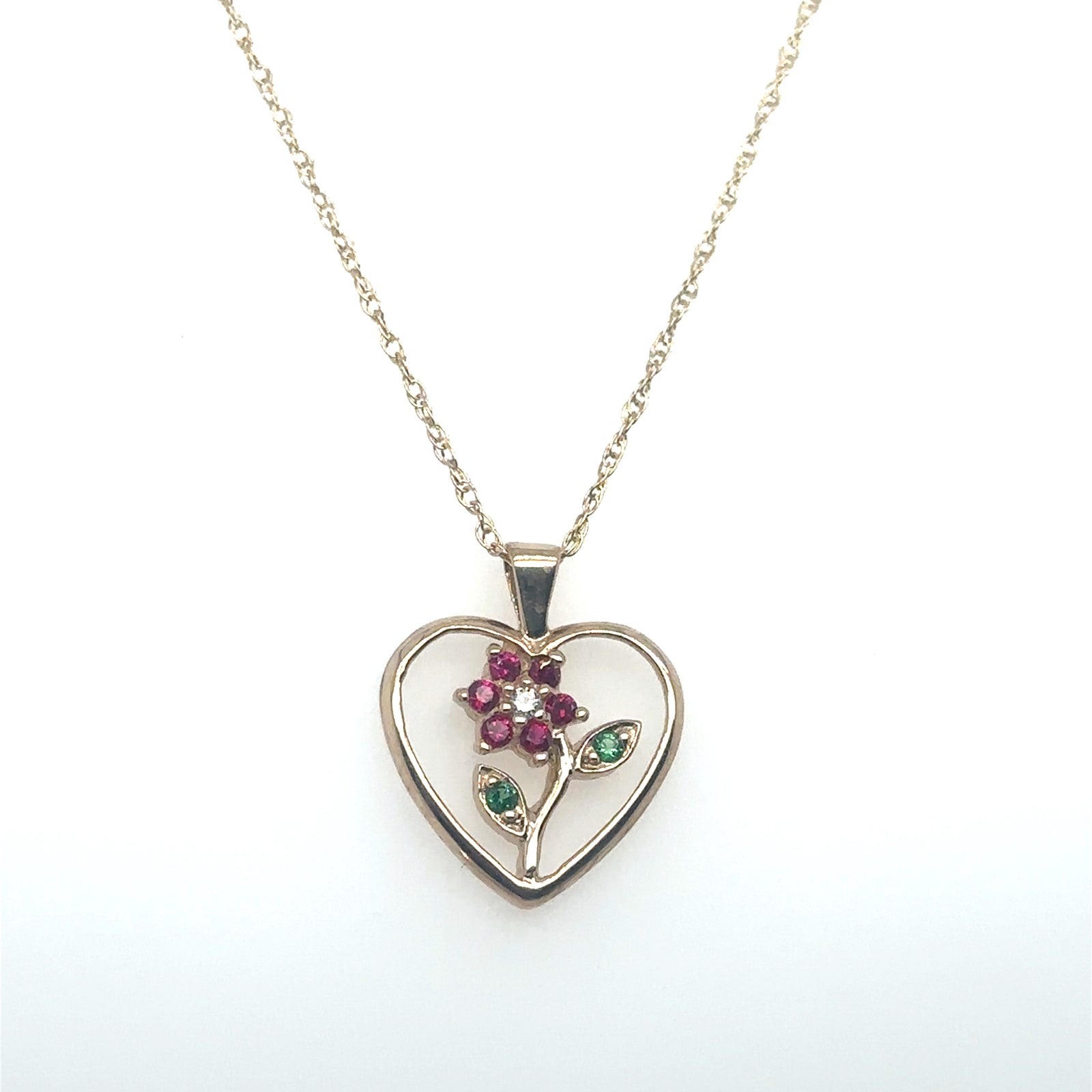 10K Yellow Gold Heart Pendant With Ruby & Emerald Flower