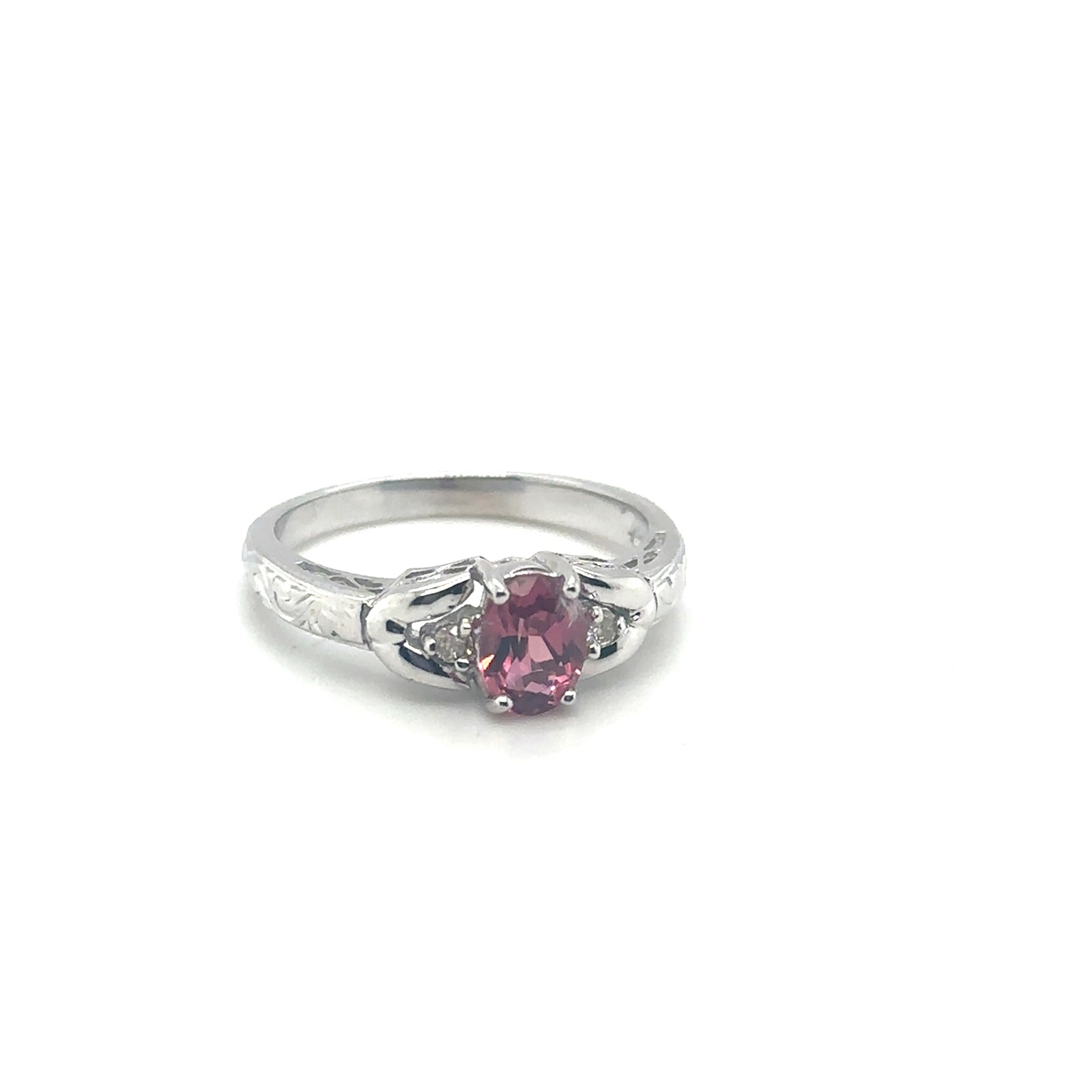 14K White Gold Pink Sapphire & Oval Diamond Ring