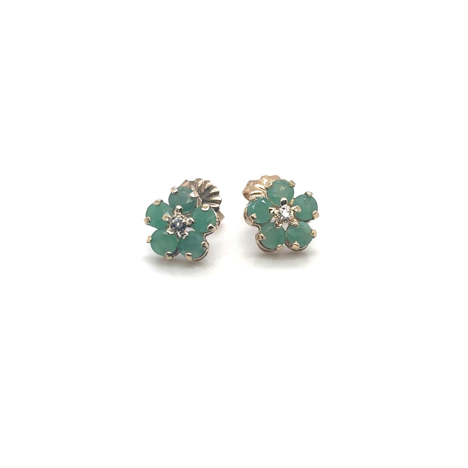 14k Yellow Gold Emerald Flower Earrings with Diamond Accents