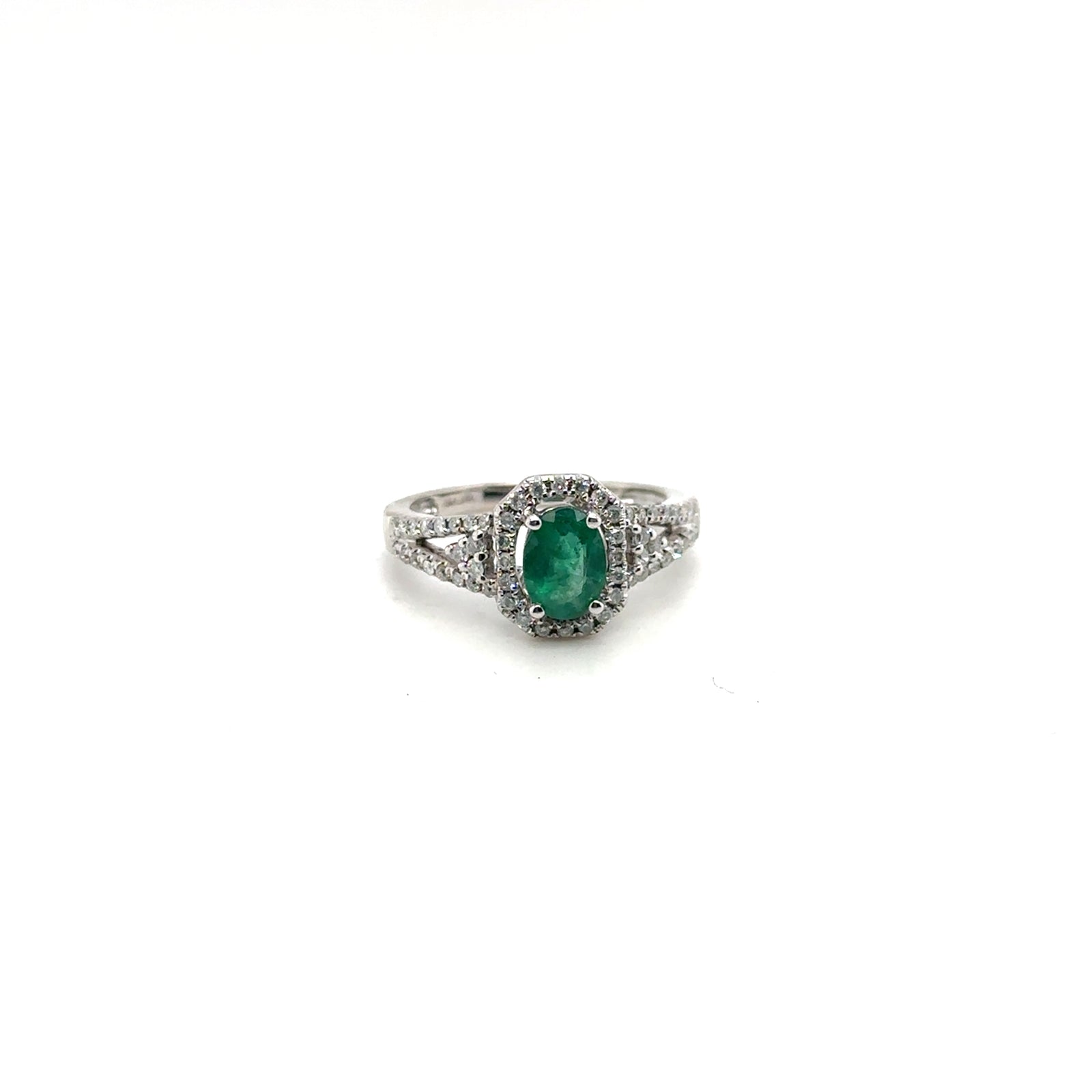 Oval Green Emerald Octagonal Halo Split-Shank Diamond Ring in White Gold