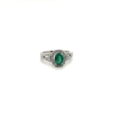 Oval Green Emerald Octagonal Halo Split-Shank Diamond Ring in White Gold