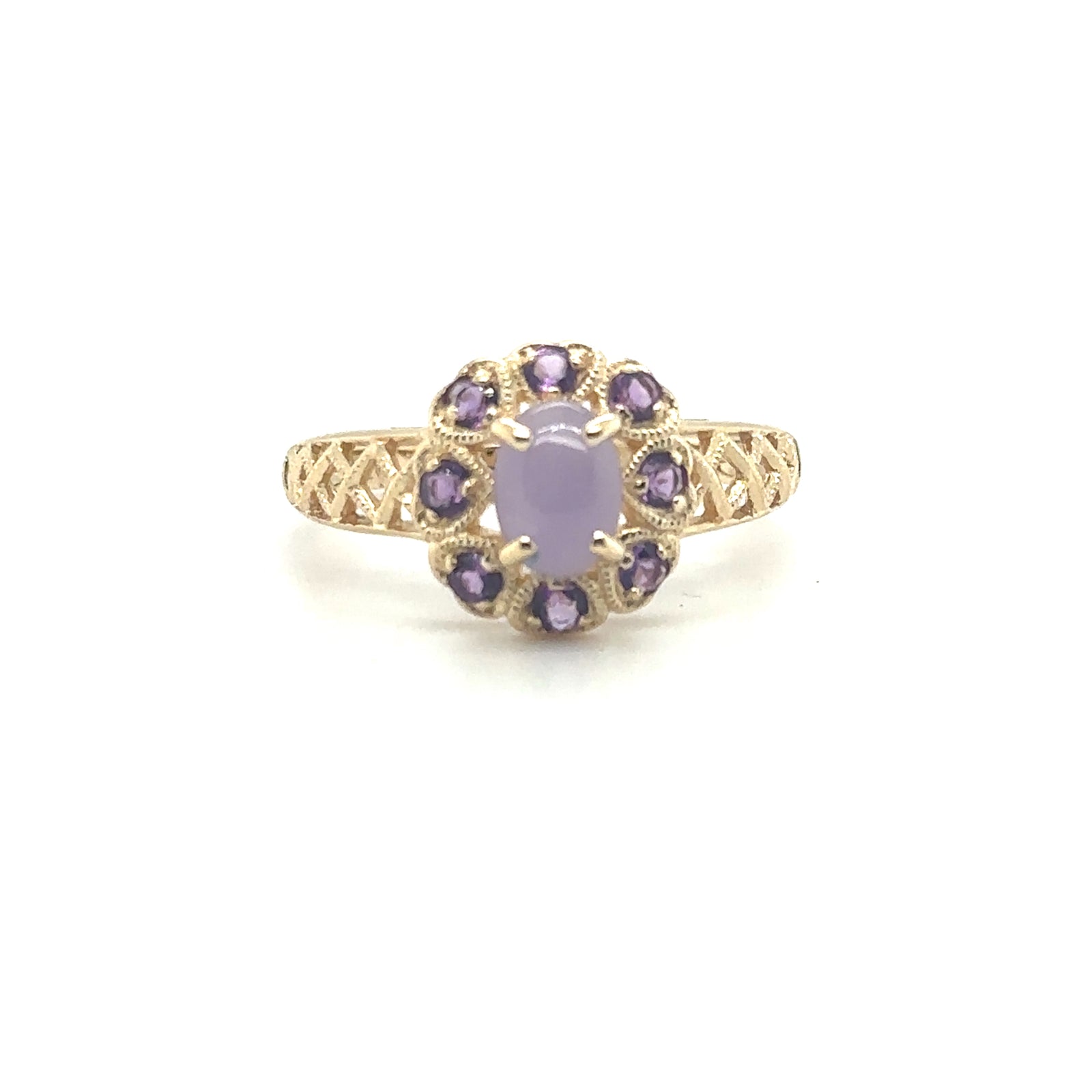 14K Yellow Gold Oval Purple Jade Ring with Amethyst Accents & Milgrain