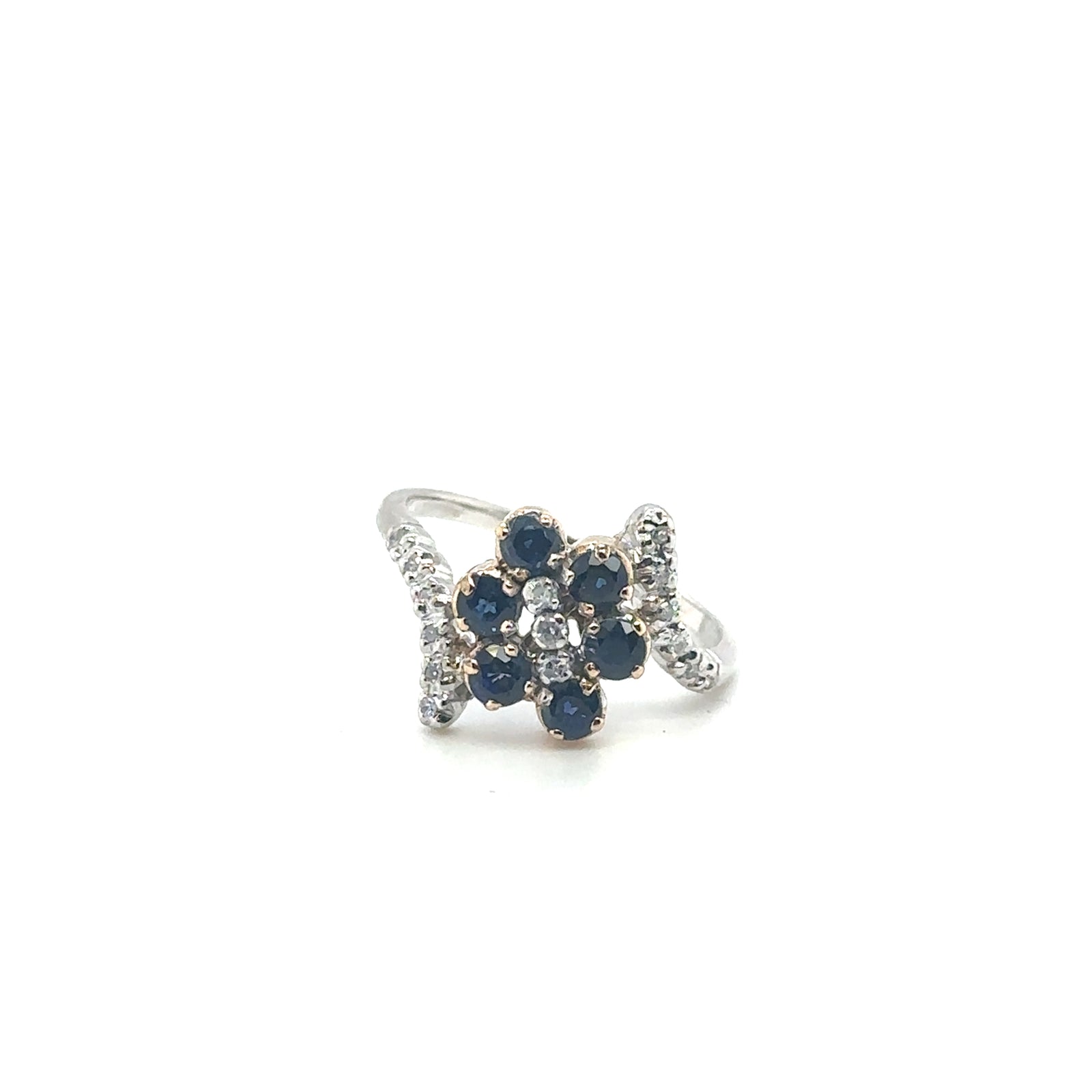 14K Two Toned Blue Stone Flower Ring with Bypass Diamond Design