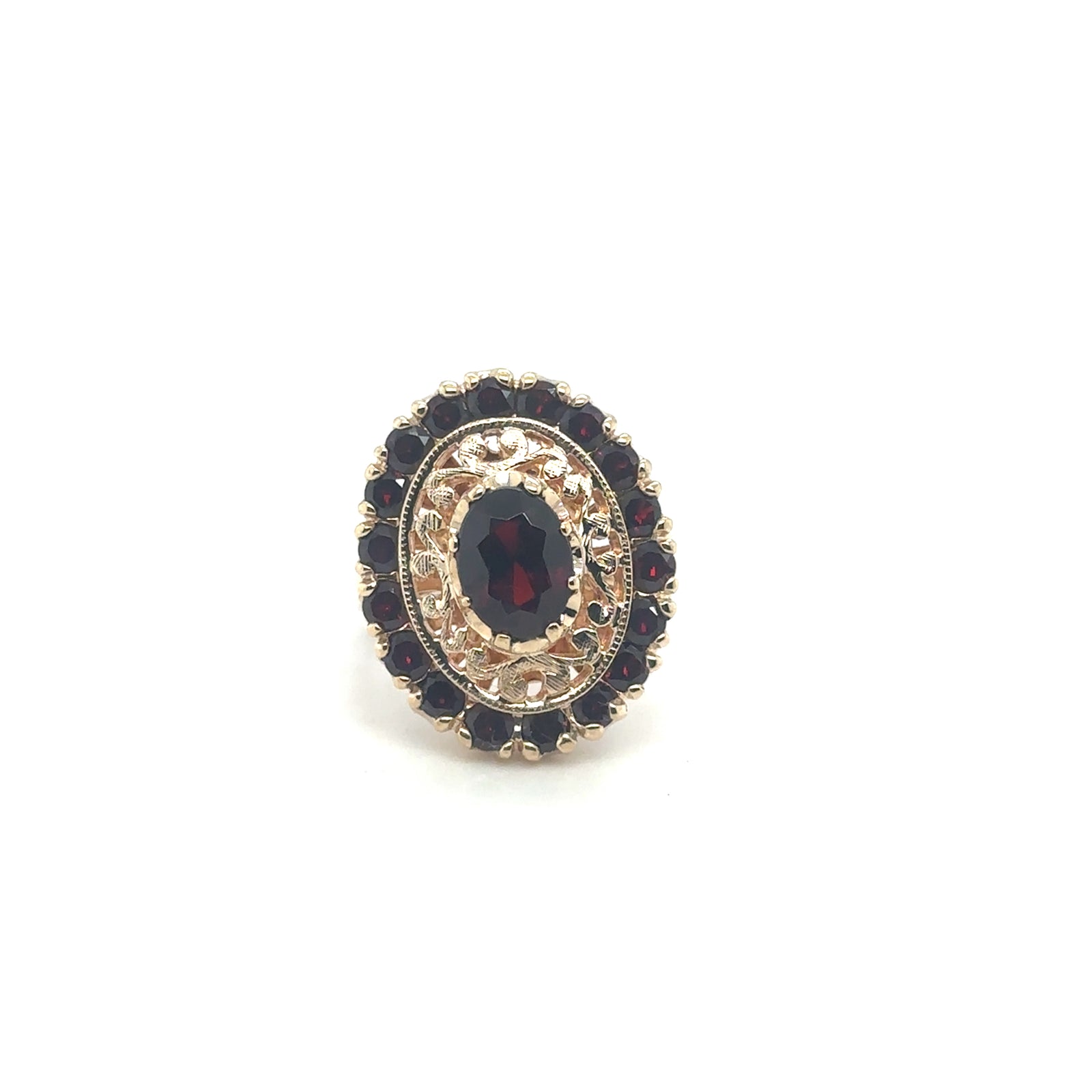 10K Yellow Gold Oval Garnet Ring with Milgrain Etchings