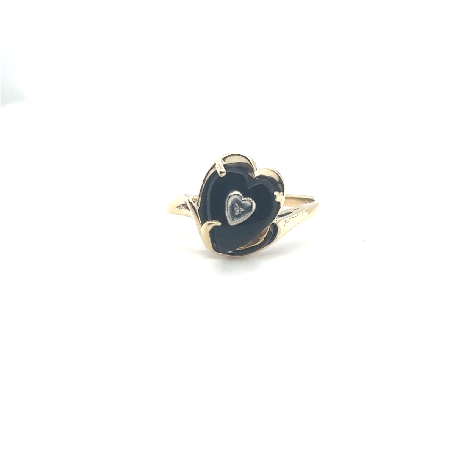 10K Yellow Gold Heart Shape Onyx Ring with Diamond Emblem