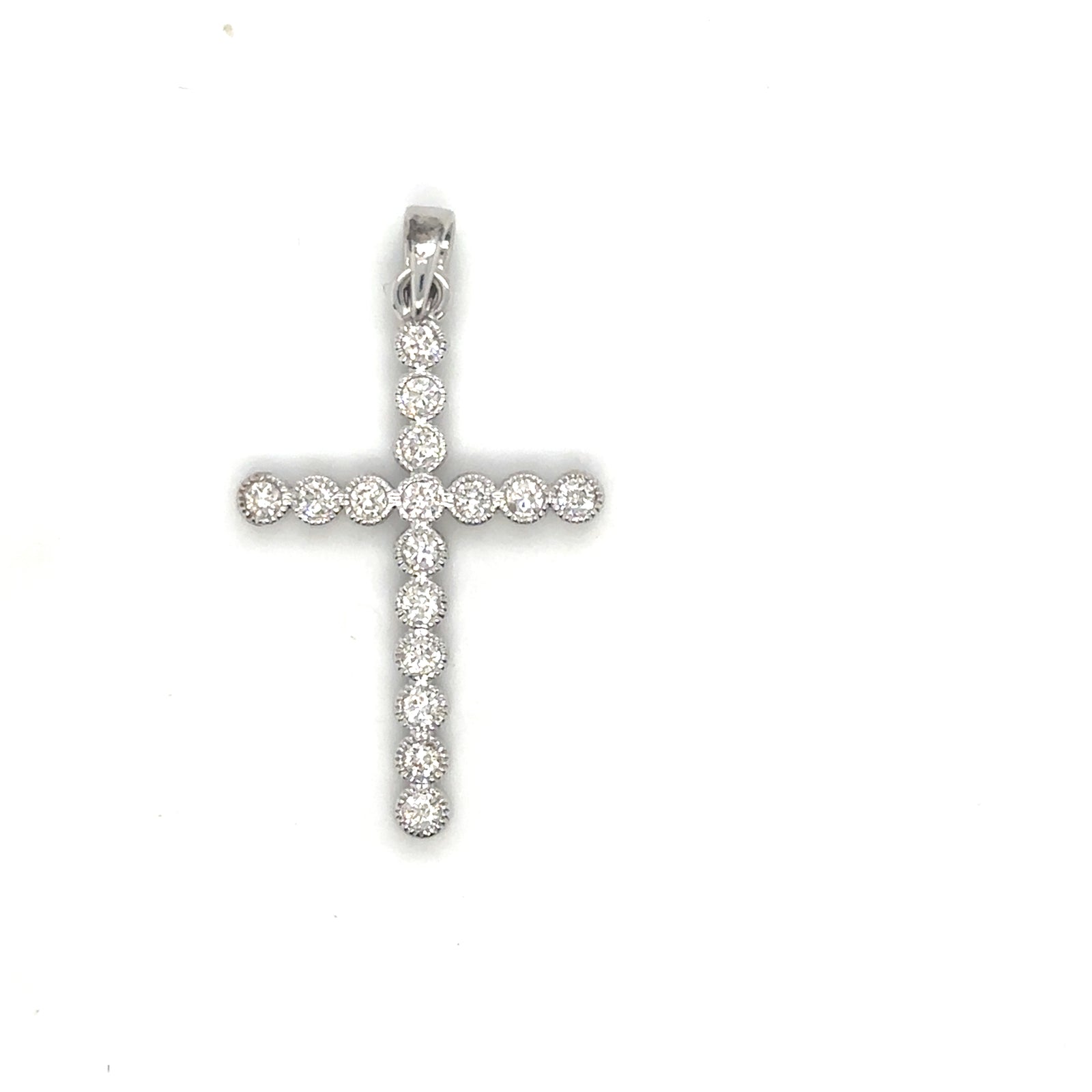 14K White Gold Diamond Cross with Bezel Milgrain Design