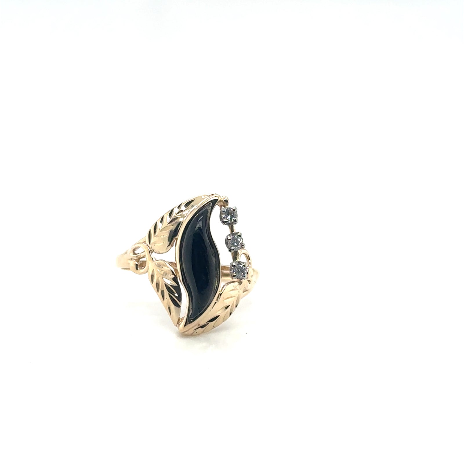14K Yellow Gold Onyx Leaf Cocktail Ring with Accent Stones