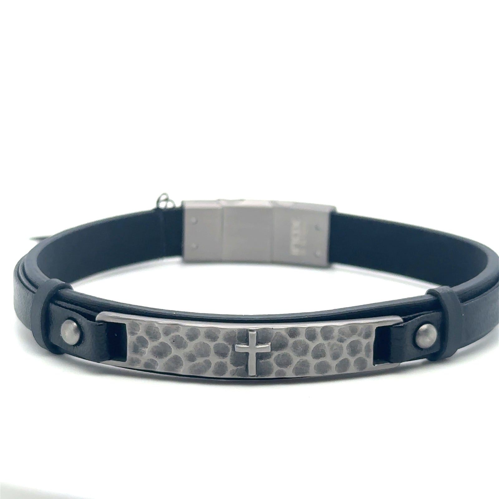 Black Leather Bracelet with Hammered Cross Plate