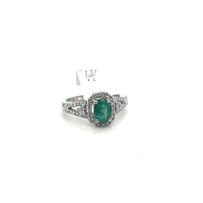 Oval Green Emerald Octagonal Halo Split-Shank Diamond Ring in White Gold