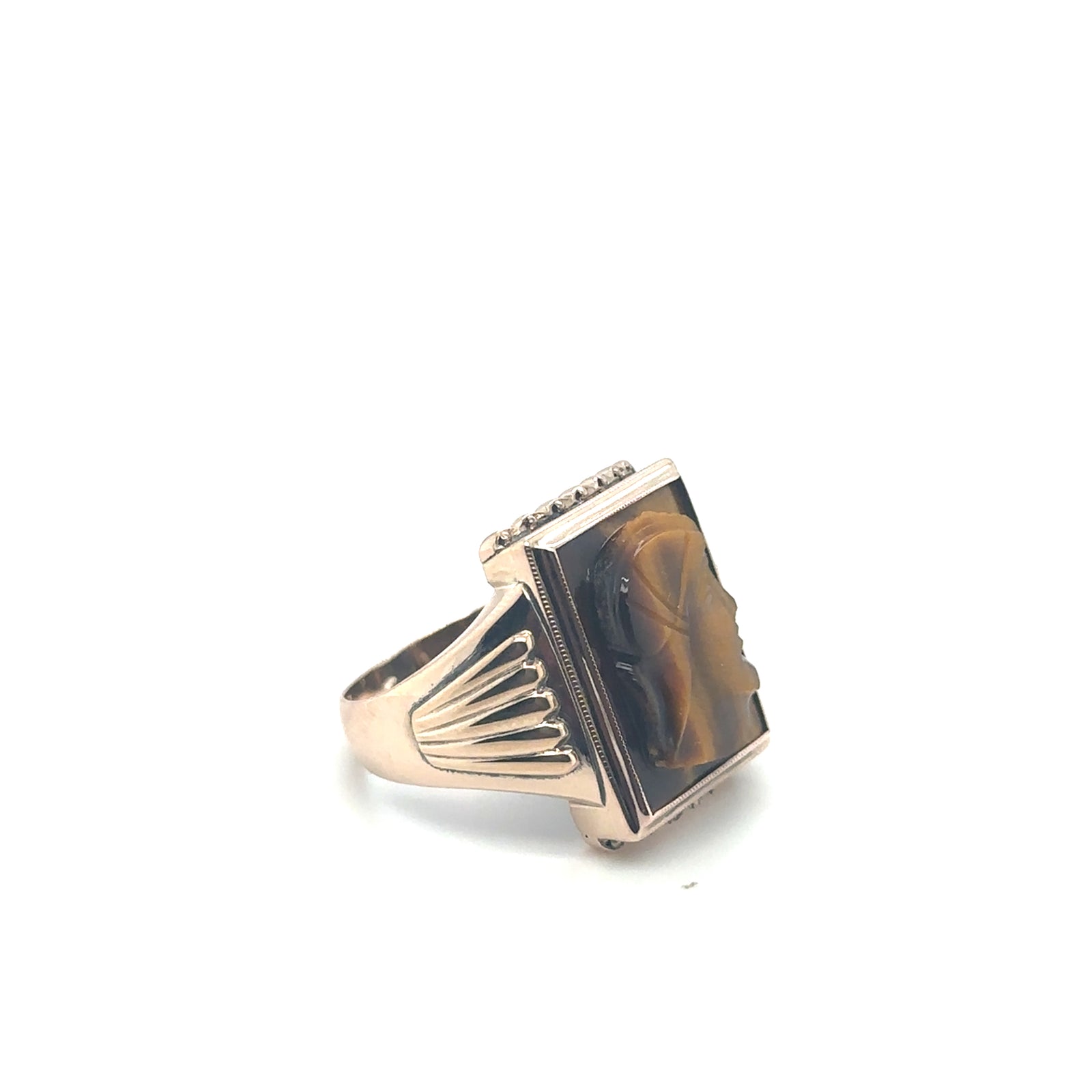 14K Yellow Gold Rectangular Tiger's Eye With Carved Bust