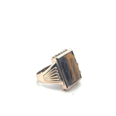 14K Yellow Gold Rectangular Tiger's Eye With Carved Bust