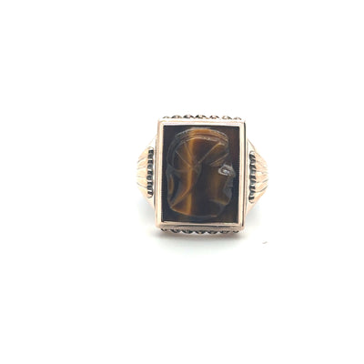 14K Yellow Gold Rectangular Tiger's Eye With Carved Bust