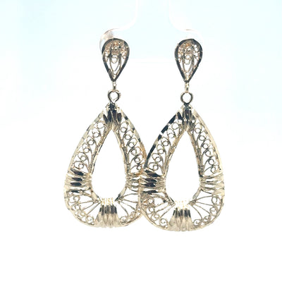 14K Yellow Gold Tear Drop Dangle Earrings With Diamond Cut Filigree Pattern