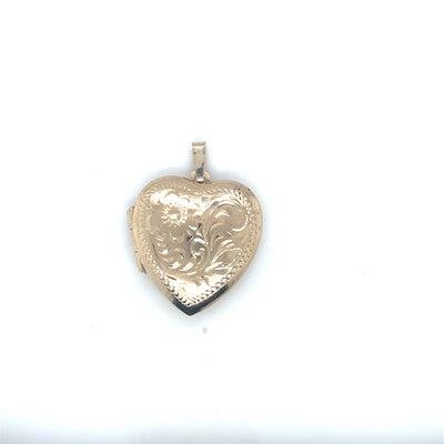 10K Yellow Gold Heart Locket With Diamond Cut Floral Scene