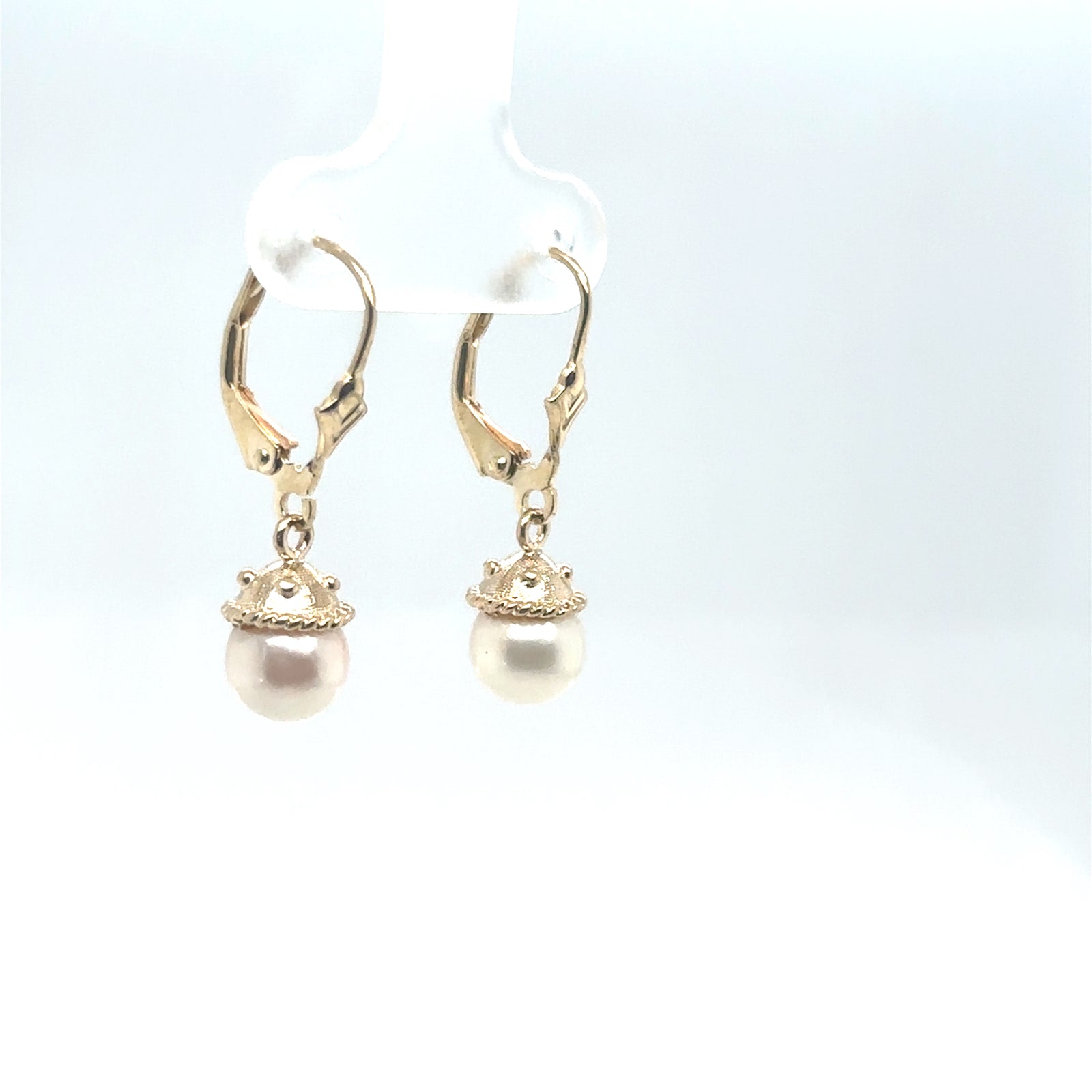 14K Yellow Gold Capped Pearl Dangle Earrings
